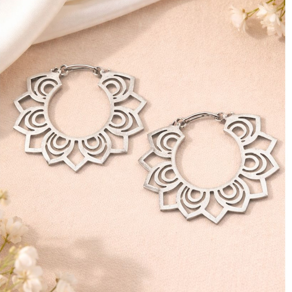 Stainless Steel Silver Lotus Flower Hoop Earrings Boho
